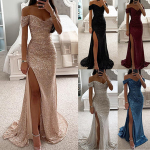 Women’s Off Shoulder Sequin Maxi Dress with High Slit and Fitted Silhouette