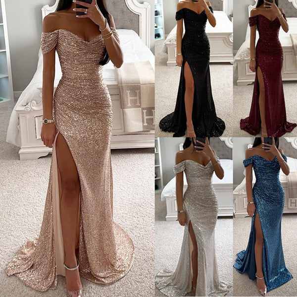 Women’s Off Shoulder Sequin Maxi Dress with High Slit and Fitted Silhouette