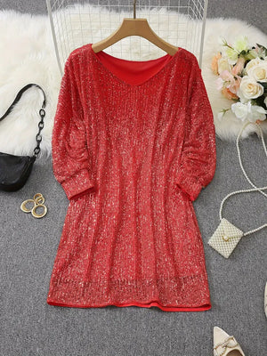 Women’s Off-Shoulder Sequin Mini Dress with Batwing Sleeves