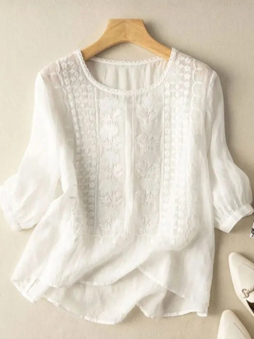 Blusa casual bordada de ajuste relajado para mujer