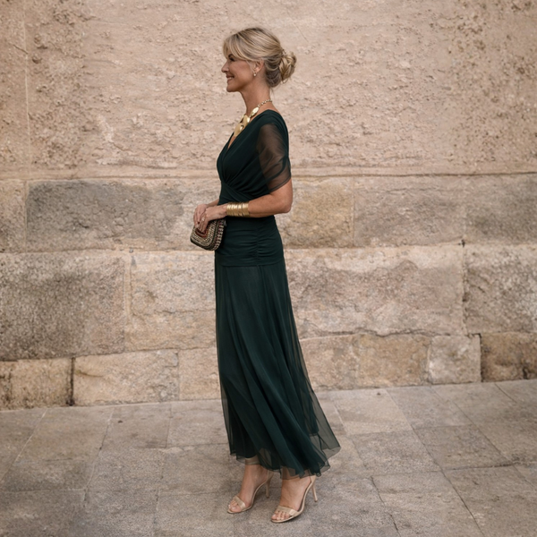 Vestido largo cruzado de tul de mujer con mangas transparentes