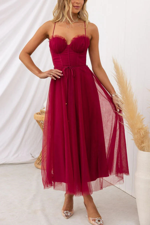 Women’s Corset Sweetheart Neck Tulle Midi Dress