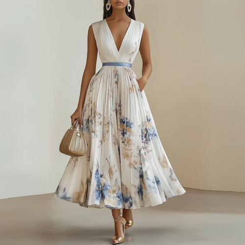 Women's Floral Print Sleeveless Midi Dress with Deep V-Neck