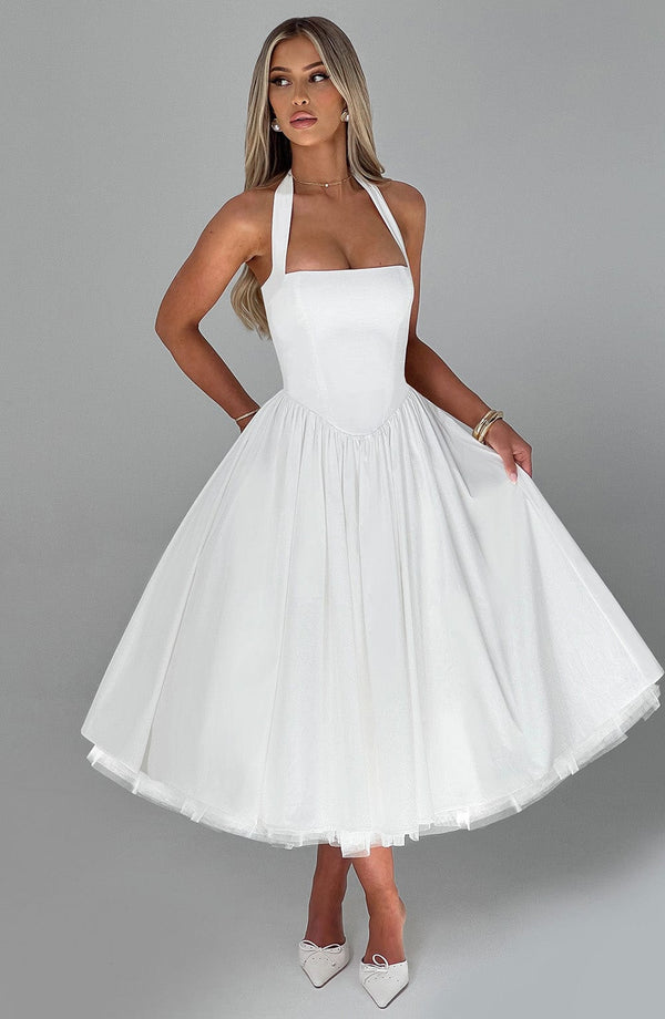 Vestido midi elegante de corte evasé en línea A para mujer