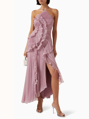 Women’s One-Shoulder Ruffle Maxi Dress with Asymmetrical Hem