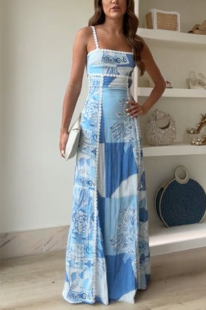 Women's Blue Patchwork Print Maxi Dress