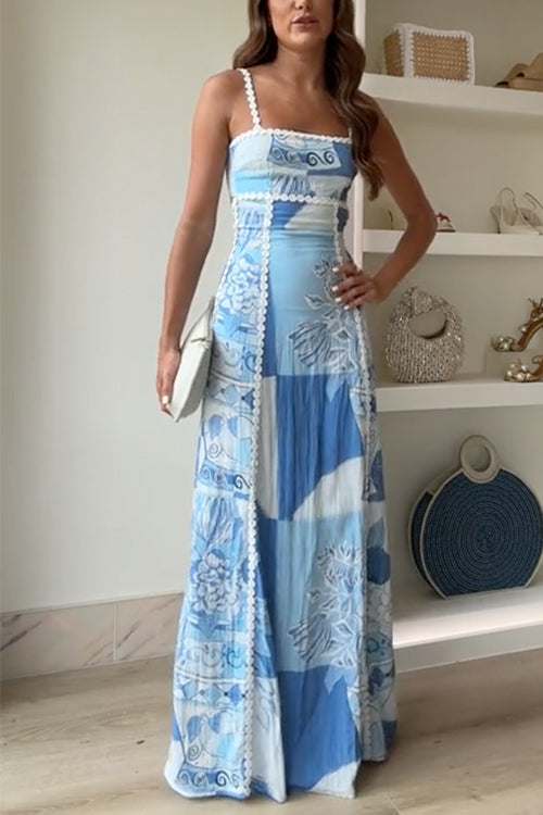 Women's Blue Patchwork Print Maxi Dress