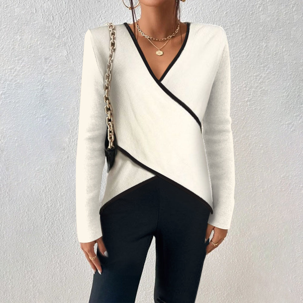 Top de punto elegante cruzado con contraste para mujer