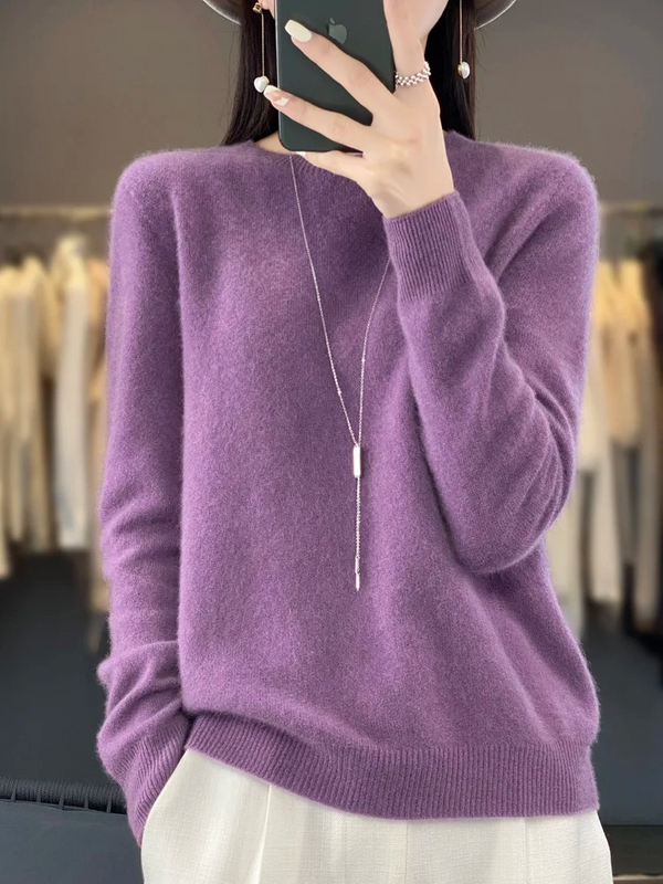 Suéter lujoso de punto suave con cuello redondo para mujer