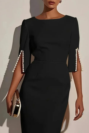 Vestido midi lápiz elegante para mujer con manga de perlas