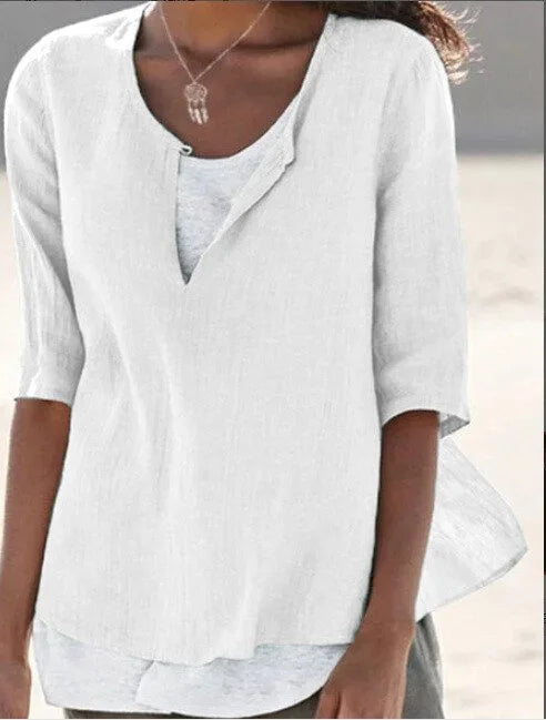 Women’s Relaxed V-Notch Blouse with Layered Hem Detail