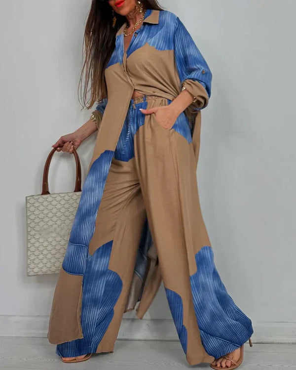 Women’s Elegant Colorblock Two-Piece Wide Leg Pants Set