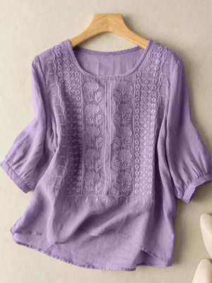 Blusa casual bordada de ajuste relajado para mujer