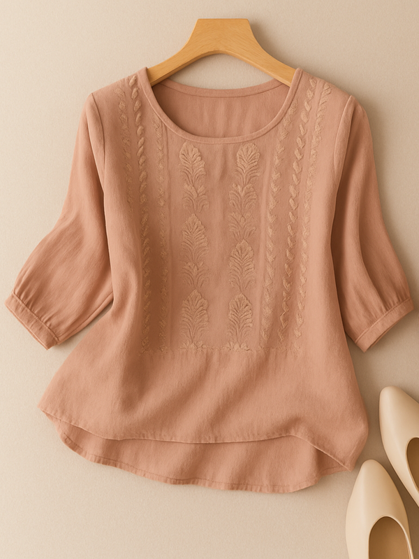 Blusa casual bordada de ajuste relajado para mujer