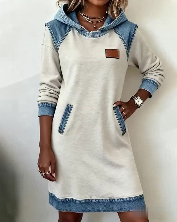 Women's Denim Midi Dress with Hood and Pockets