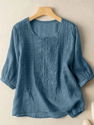 Blusa casual bordada de ajuste relajado para mujer