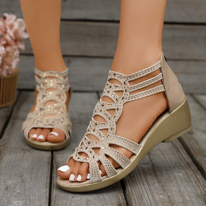 Women’s Rhinestone Gladiator Wedge Sandals with Back Zipper