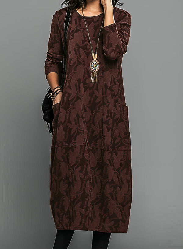 Women’s Long Sleeve Printed Midi Dress with Side Pockets
