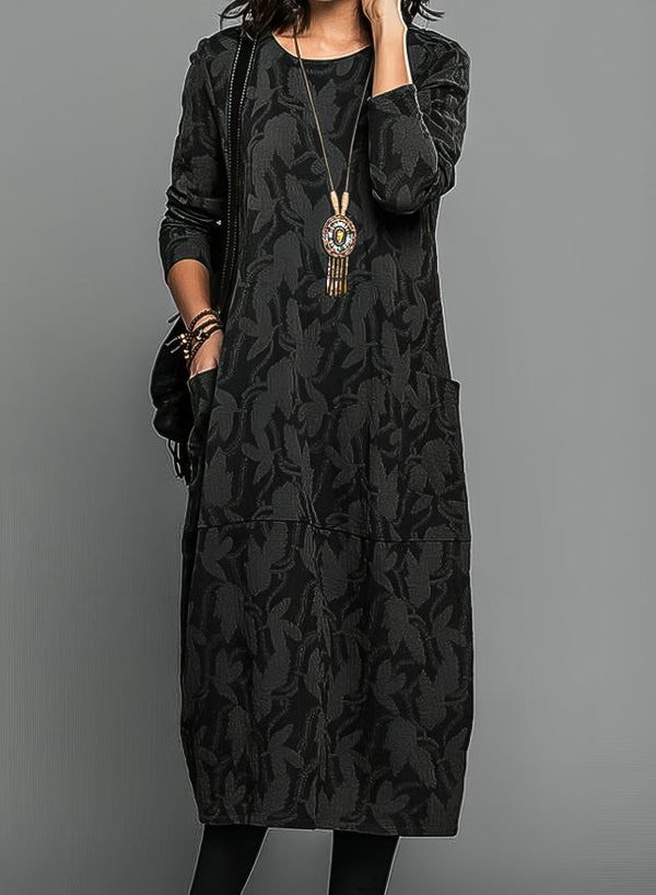 Women’s Long Sleeve Printed Midi Dress with Side Pockets