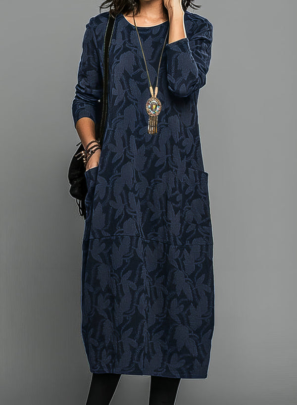 Women's Vintage Jacquard Long Sleeve Midi Dress