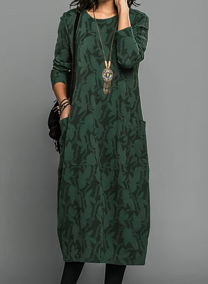 Women's Vintage Jacquard Long Sleeve Midi Dress