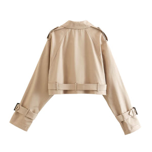 Women's Cropped Double-Breasted Trench Coat with Belted Cuffs
