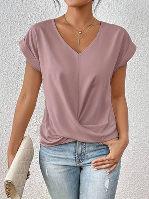 Women's V-Neck Twist-Knot Short Sleeve Blouse