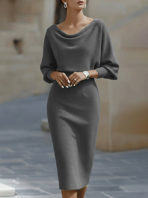 Women's Elegant Bodycon Midi Dress with Draped Neckline