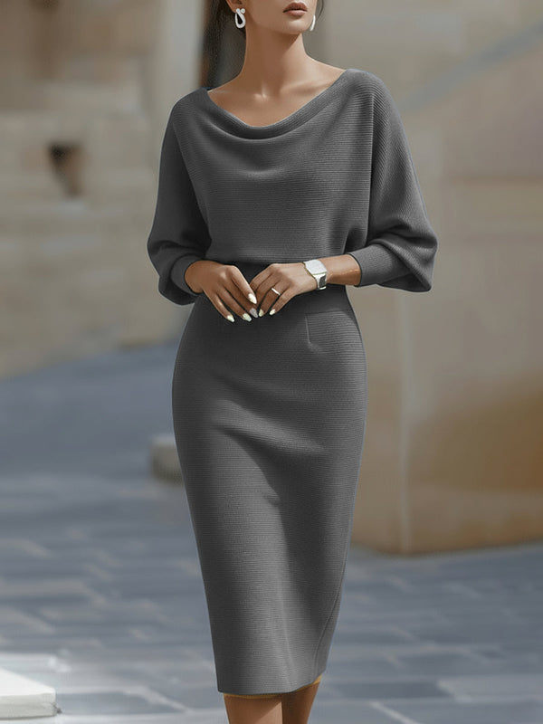 Women's Elegant Bodycon Midi Dress with Draped Neckline
