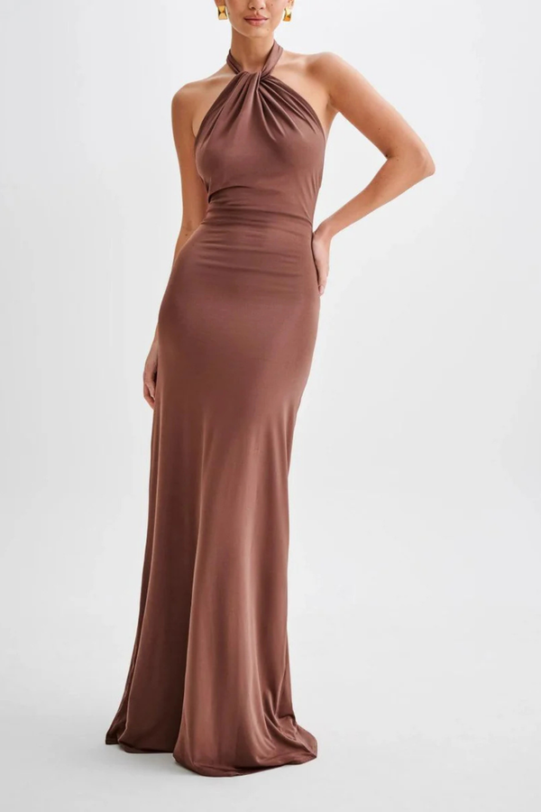Vestido Maxi Ajustado Halter con Espalda Abierta para Mujer