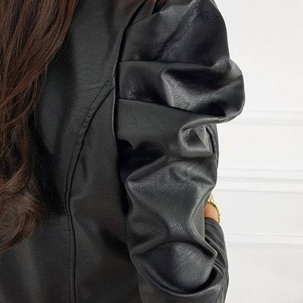 Women's Puff Sleeve Faux Leather Cropped Jacket with Zip Front