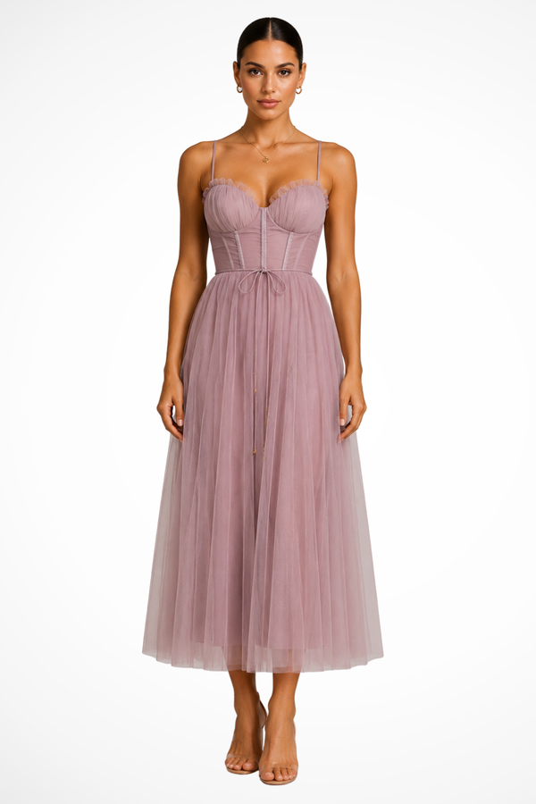 Women’s Corset Sweetheart Neck Tulle Midi Dress