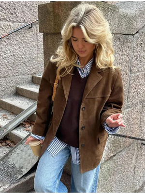 Stylish Brown Suede Oversized Trench Coat with Wide Lapel for Autumn/Winter