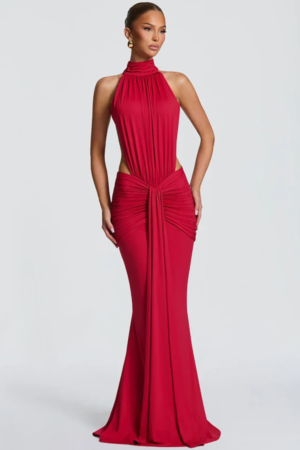 Women’s Backless Halter Ruched Bodycon Maxi Dress