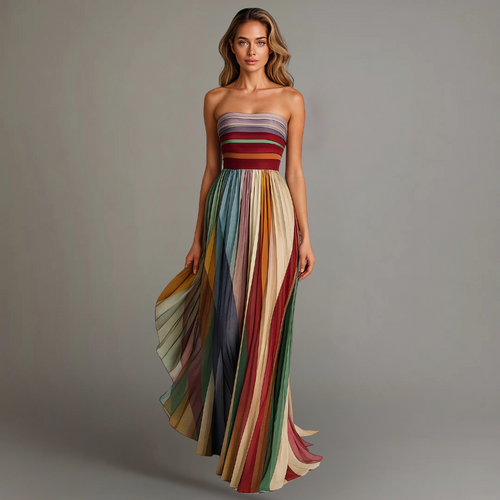 Women's Strapless Rainbow Pleated Maxi Dress