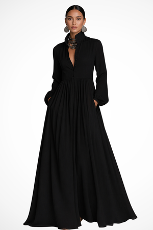 Vestido Maxi de Manga Larga con Botones y Bolsillos para Mujer