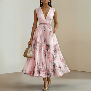 Women's Floral Print Sleeveless Midi Dress with Deep V-Neck