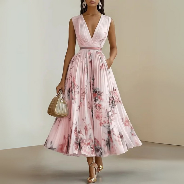 Women's Floral Print Sleeveless Midi Dress with Deep V-Neck