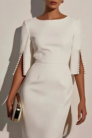 Vestido midi lápiz elegante para mujer con manga de perlas