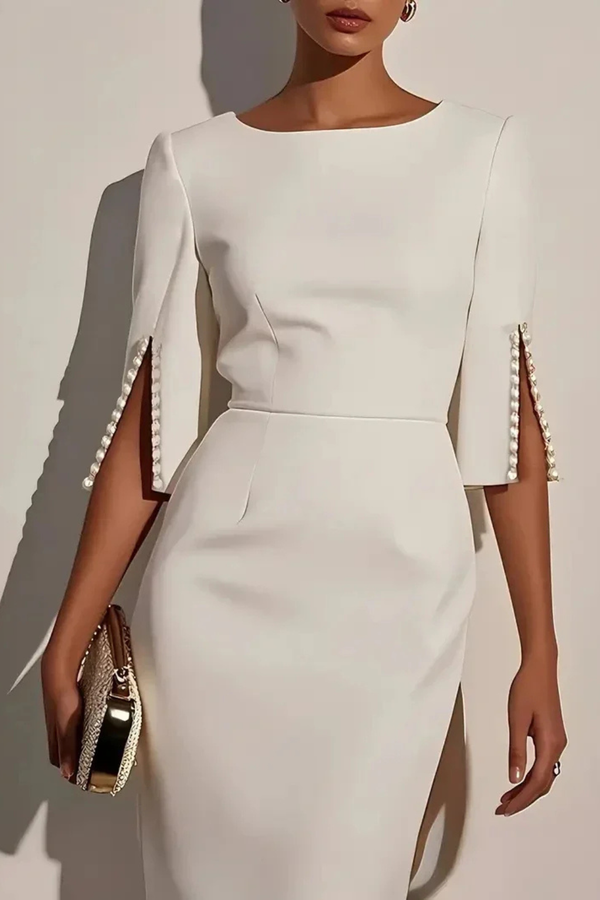Vestido midi lápiz elegante para mujer con manga de perlas