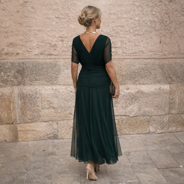 Vestido largo cruzado de tul de mujer con mangas transparentes