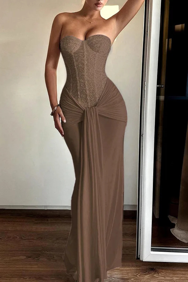 Vestido Maxi Sin Tirantes con Escote Corazón y Fruncido para Mujer
