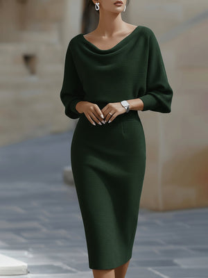 Women's Elegant Bodycon Midi Dress with Draped Neckline
