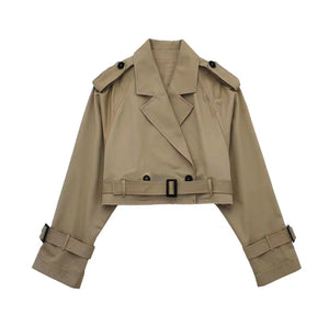 Women's Cropped Double-Breasted Trench Coat with Belted Cuffs
