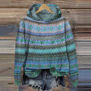 Women’s Vintage Fair Isle Hooded Sweater Cozy Nordic Pullover