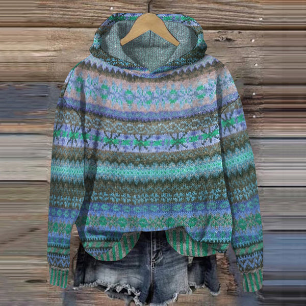 Women’s Vintage Fair Isle Hooded Sweater Cozy Nordic Pullover