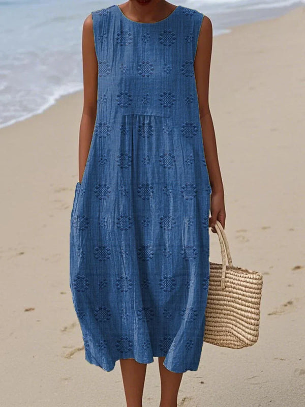 Women's Sleeveless Embroidered Midi Dress with Pockets