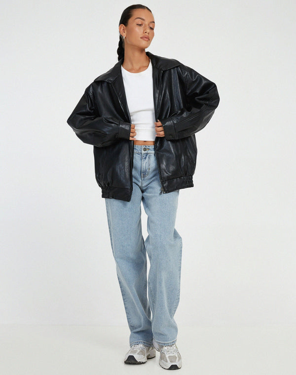 Women's Oversized Zip-Up Faux Leather Bomber Jacket
