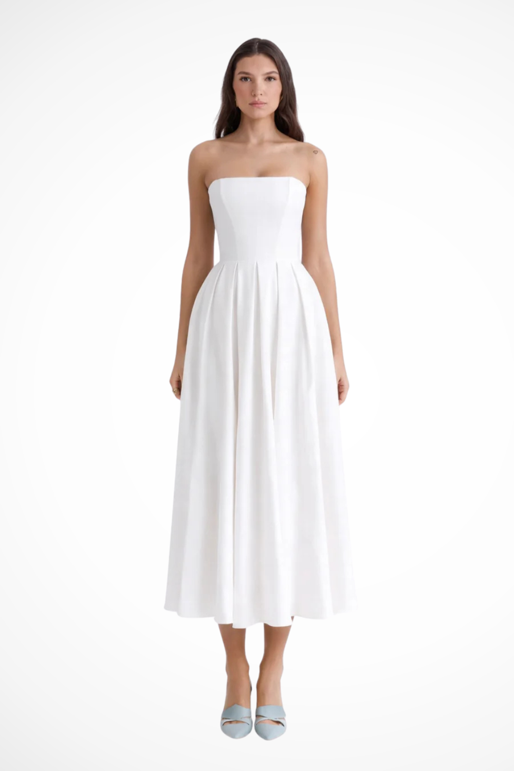 Women’s Strapless Flowy Midi Dress with Flared Skirt