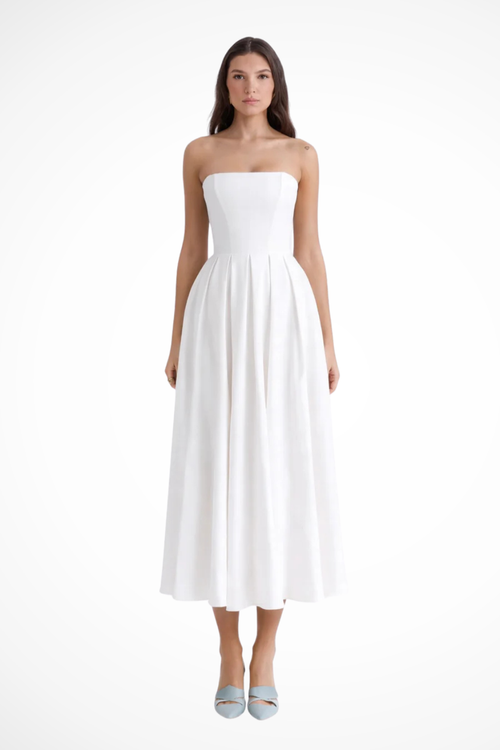 Women’s Strapless Flowy Midi Dress with Flared Skirt